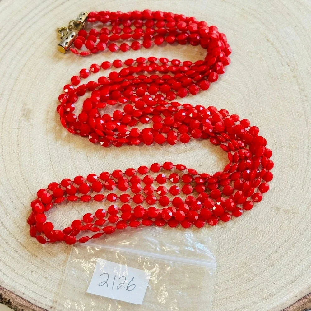 VTG Retro 60s Lucite multi beaded necklace bright red beads‎ Long Statement 36